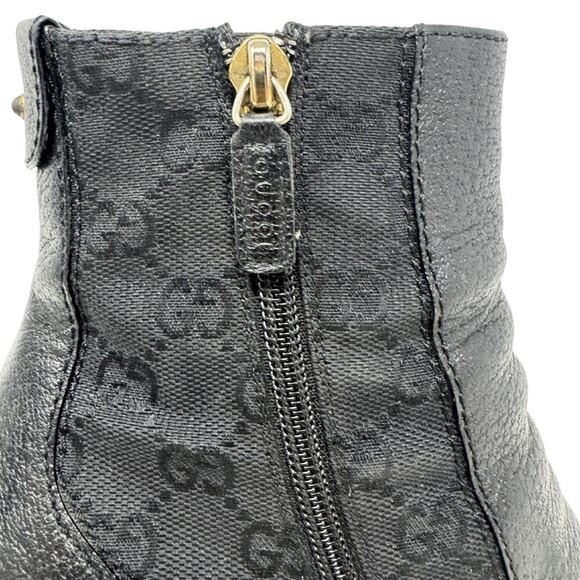 Gucci‎ Boots GG Logo Monogram Supreme Black Leather Canvas Ankle Boots Heels 9.5 - Picture 2 of 11
